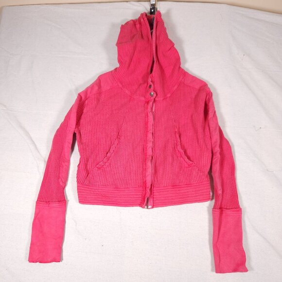 Free People FP One Mason Hoodie Cardigan Button Jacket Red Pink Waffle - Picture 9 of 16